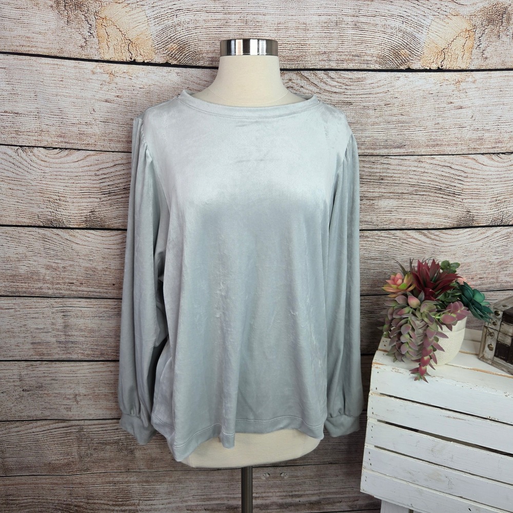 NWT LOFT Womens Light Grey Velvet Puff Sleeve Top Crew Neck XL